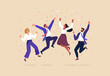 © nadzeya26 - Business Team Success. Vector illustration in flat style of a diverse group of people jumping for joy. Isolated on background with festive tinsel
