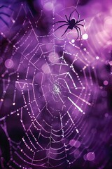 A spider web is shown in a purple background with a spider in the center