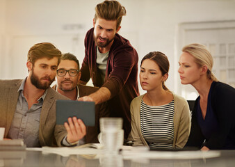 Poster - Business, people and discussion with tablet in office, creative agency and event planners together. Online, schedule and planning or conversation with venue email, teamwork and idea collaboration