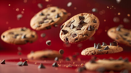 chocolate chip cookies flying in the air