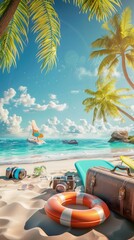 Poster - 3D cartoon beach scene with sand and water background, depicting a tropical island theme with a bright color palette