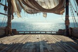 An empty stage on a pirate ship deck, with wooden planks, tattered sails billowing above, and the ocean horizon in the background. 