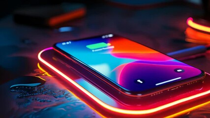 Poster - futuristic smartphone with battery charging indicator on, placed on neon glowing wireless charging p