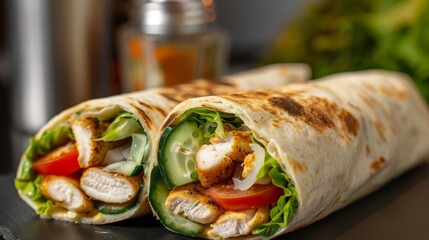 Wall Mural - Tortilla wraps with chicken meat and vegetables. High quality photo