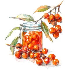 Sticker - Hand-drawn Sea Buckthorn Jam and Ripe Berries Watercolor Illustration