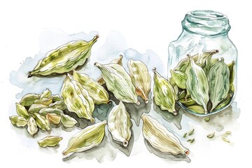 Canvas Print - Hand-Drawn Watercolor Illustration of Aromatic Cardamom Pods and Seeds in Indian Cuisine Context