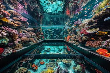 Wall Mural - An underwater stage, with a glass floor showing the ocean depths below, surrounded by colorful coral and schools of fish. 