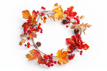 Wall Mural - wreath of fall leaves and berries on white background