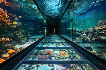 Wall Mural - An underwater stage, with a glass floor showing the ocean depths below, surrounded by colorful coral and schools of fish. 