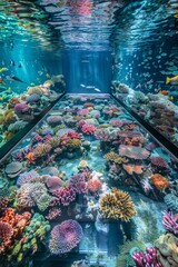 Wall Mural - An underwater stage, with a glass floor showing the ocean depths below, surrounded by colorful coral and schools of fish. 