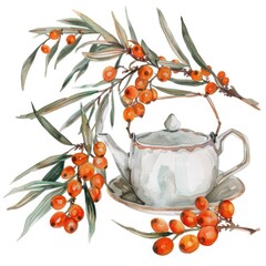 Canvas Print - Hand-drawn Watercolor Illustration of Sea Buckthorn Berries and Teapot on White Background