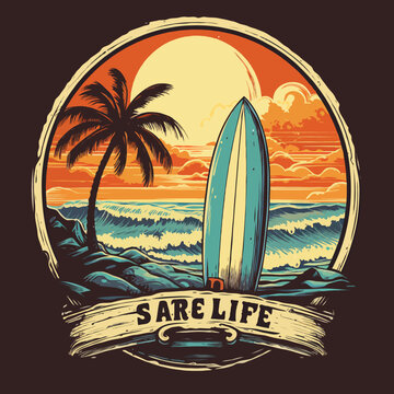 Summer retro graphic print design. Beach vibes with a surfboard print. Beach wave. Miami Beach Surf Club.