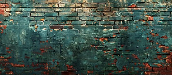 Wall Mural - Weathered Brick Wall with Peeling Teal Paint