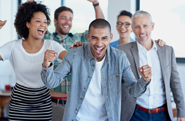 Poster - Celebration, teamwork and businessman with colleagues in office for success, achievement or project goal. Diversity, cheering and happy employees for winning collaboration, company deal or victory