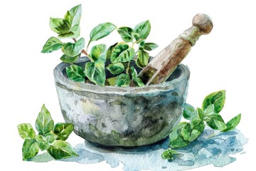 Canvas Print - Herbal Aromatic Seasoning. Watercolor Illustration of Oregano and Marjoram Spice in Mortar