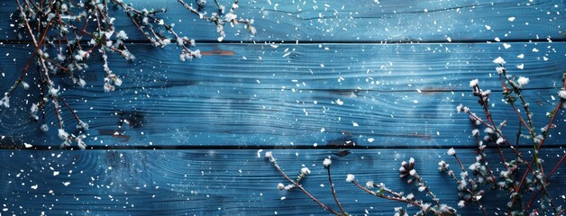 Winter branches on blue wood background.