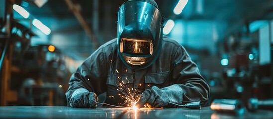 Welder at Work in a Blue Lit Workshop