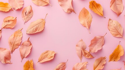 Wall Mural - Autumn creative composition. Beautiful dried leaves on pastel pink background. Fall concept. Autumn background. Flat lay, top view, copy space