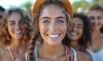 Millennial university students, a multiracial group of friends, laugh together while taking a selfie outside on campus, embodying the spirit of friendship and youth.