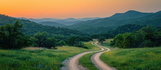 Wall Mural - Winding Country Road Through Rolling Hills at Sunset