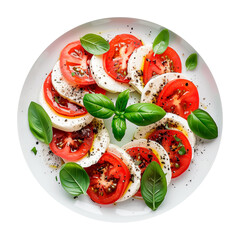 Wall Mural - Traditional Spanish salad. Salad with tomato and mozzarella in a plate isolated on a white or transparent background. Fresh salad in a white plate with basil close-up, top view.