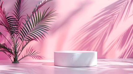 Wall Mural - Pink background for product presentation with shadow of tropical palm leaves and light. Podium, stage pedestal platform for cosmetic product. Empty round podium. Mockup.