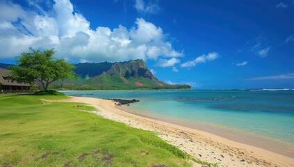 Sticker - Serene Beach with Lush Mountains in the Background