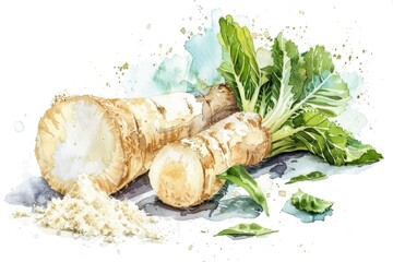 Sticker - Watercolor Illustration of Fresh Horseradish Root and Grated Spice with Herbal Garnish