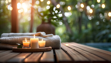 Wall Mural - Spa and relaxation concept with comfy beds and burning candles on the wooden table in blurred natural background