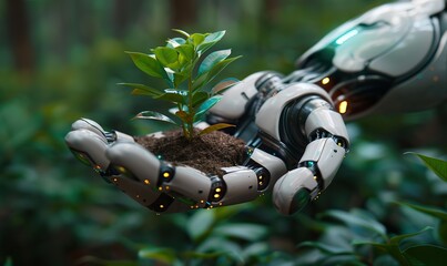 AI and advanced environmental technology concepts, such as a robot hand holding small plants, promote green and ecological initiatives, showcasing the harmonious integration of nature and technology.