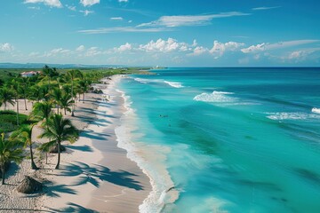 Poster - Aerial View of a Tropical Beach with Palm Trees and Azure Waters