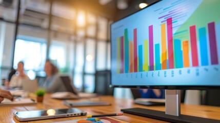 Poster - A businessperson presenting a colorful bar graph during a meeting in a modern conference room.