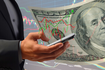 Fototapete - A man is holding a cell phone and looking at a graph of a stock market. Concept of financial uncertainty.Generative ai illustration.