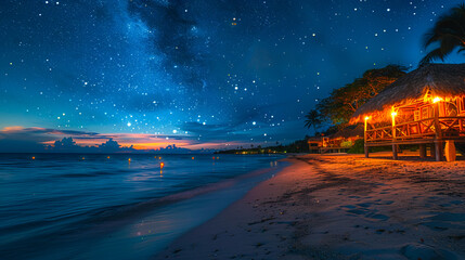 Wall Mural - Tropical beach with bungalow at night under milky way