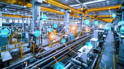 Poster - The Internet of Things IoT in manufacturing. Integration of connected devices to optimize production, maintenance, inventory, and other factory operations in the new era of Industry 4.0 