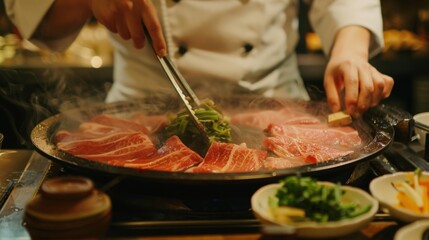 Wall Mural - A chef preparing a Japanese shabu-shabu hot pot with thinly sliced beef and vegetables.