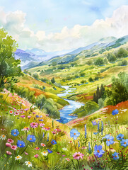 Canvas Print - Watercolor Landscape of a Valley with a River - A watercolor painting depicting a vibrant valley with a winding river flowing through it, surrounded by lush green hills and colorful wildflowers.