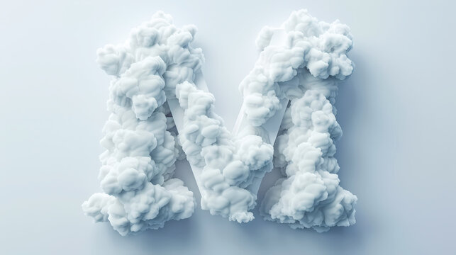 Capital letter M made of clouds or soft cotton. Fluffy airy style. Scrapbook activity. Generative AI