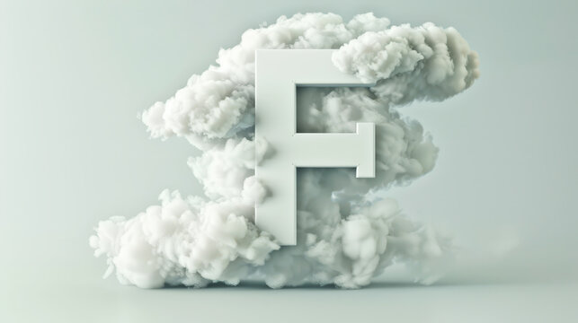 Capital letter F made of clouds or soft cotton. Fluffy airy style. Scrapbook activity. Generative AI