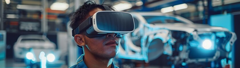 Poster - Engineer Wearing VR Glasses Tests and Adjusts Virtual Vehicle Prototype