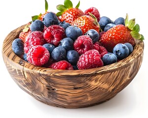 Wall Mural - Rustic Wooden Bowl Filled with Vibrant and Colorful Mixed Berries on White Background