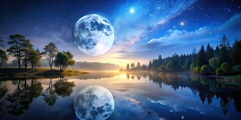 Sticker - Night landscape with a bright full moon shining over a peaceful and serene scene, moon, night, landscape, sky, stars, peaceful