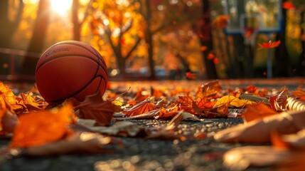 Wall Mural - Basketball on Autumn Leaves Lit by Sunset in a Tranquil Park Setting Surrounded by Trees - Basketball resting on autumn leaves in a calm park during sunset, with trees bathed in golden light highlight