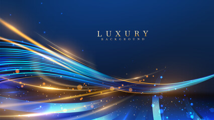 Wall Mural - Blue luxury background with golden line decoration and curve light effect with bokeh elements. Modern art elegant dark scene.