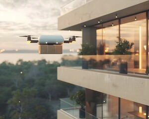 Poster - Drone Delivering Package to Futuristic Apartment Showcasing Advancements in Delivery Technology Concept