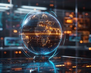 Canvas Print - Holographic Globe Displaying Real Time Data Analytics in a Modern Office Setting