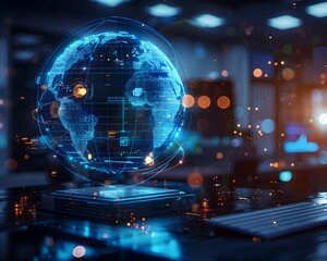 Poster - holographic globe displaying real time data analytics in modern office setting technology concept