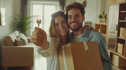 Wall Mural - Happy family couple showing keys to camera in new house. Smiling spouses homeowners standing living room with cardboard boxes