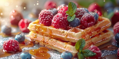 Canvas Print - National Waffle Day waffles with fruit and syrup, September 24th