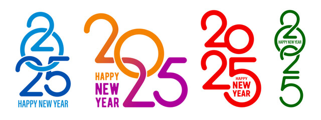 Wall Mural - Set of 2025 Happy New Year digits designs. Collection of 2025 logo for any web design, ad and print templates, such as greeting cards, banners, diaries, notebooks, calendars. Vector illustration 